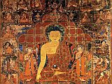 British Museum Top 20 Buddhism 11 Shakyamuni Buddha With Two Disciples and the 18 Arhats Tangka 11. Shakyamuni Buddha With Two Disciples and the 18 Arhats Tangka - Tibet, mid-15C, 93 x 79 cm. The British Museum has many artifacts that are not on display, like this one. Shariputra and Maudgalyayana flank Buddha, who sits on an elaborate throne structure composed of a broad pedestal and a large screen like backing. The eighteen arhats are to the left and right of the painting, while at the bottom two corners are the four Heavenly Kings. Photo  Marilyn Rhie and Robert Thurman: Wisdom and Compassion - The Sacred Art Of Tibet.